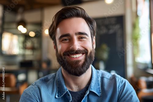 Smiling bearded man in a denim shirt sitting in a cozy cafe, showcasing a friendly and approachable demeanor