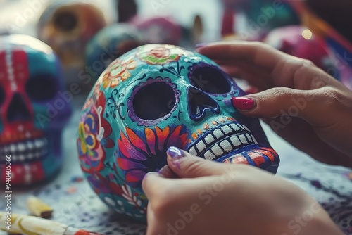 Hand painting colorful Day of the Dead skull photo