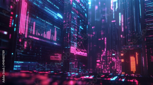 Futuristic digital cityscape with vibrant neon lights and data streams  showcasing a blend of technology and imagination.