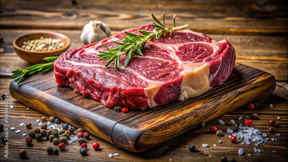 Juicy cut of high-quality beef, showcasing rich marbling and tender texture, resting on a rustic wooden cutting board, waiting to be devoured. Juicy cut of high-quality beef, showcasing rich marbling and tender texture, resting on a rustic wooden cutting board, waiting to be devoured.