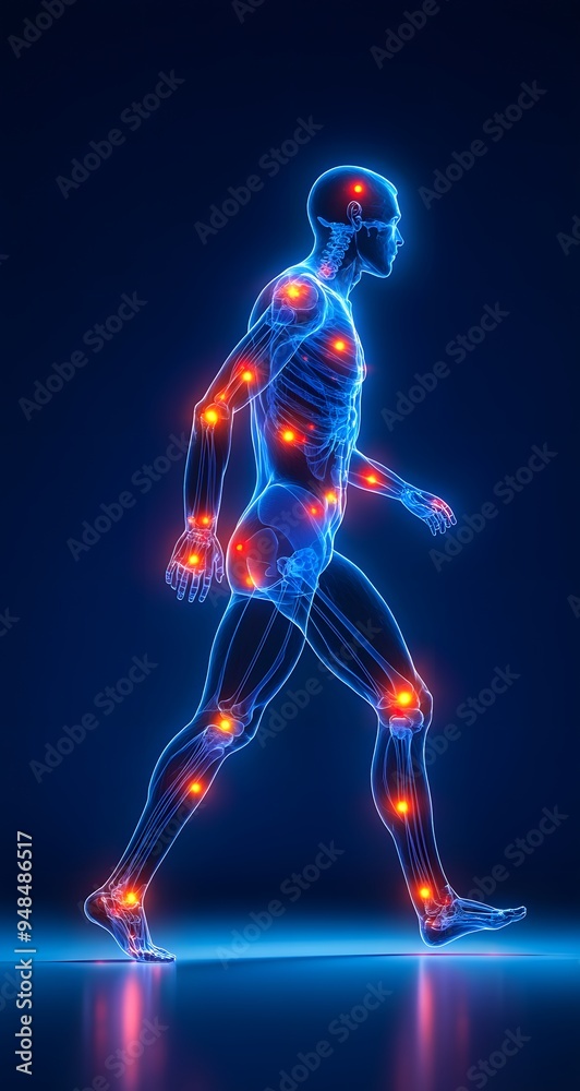 Anatomical illustration of a human skeleton walking with illuminated joints and muscles, conveying concepts of movement, health, and medical analysis. Anatomical illustration of a human skeleton walking with illuminated joints and muscles, conveying concepts of movement, health, and medical analysis.