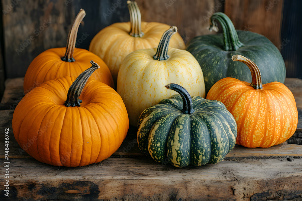 Different pumpkins on rustic wooden table
