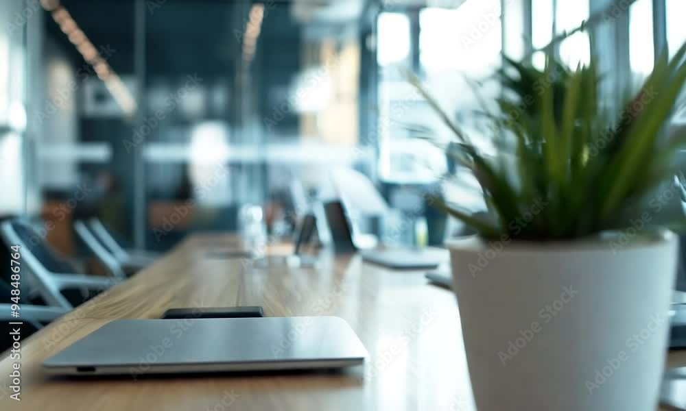 Modern Office Workspace with Laptop and Plants