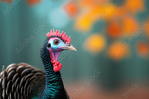 Vibrant close-up of a Thanksgiving turkey with colorful feathers and a bright red wattle, set against a warm, blurred autumn background. photo