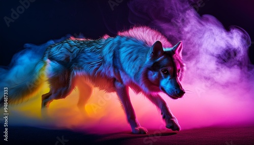 Sleek wolf with neon-accentuated fur slinks through a smoky haze. photo