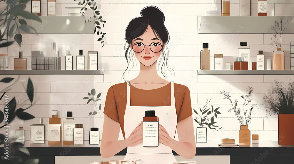 Young female shop assistant holding a cosmetics product while standing in her store Young female shop assistant holding a cosmetics product while standing in her store