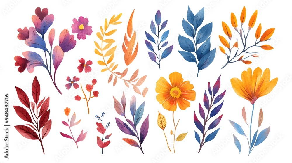 Obraz premium Watercolor floral clipart set, various leaves and flowers, pastel colors, white background, vector illustration style, simple design, high resolution, no shadows, cute, detailed, watercolor texture