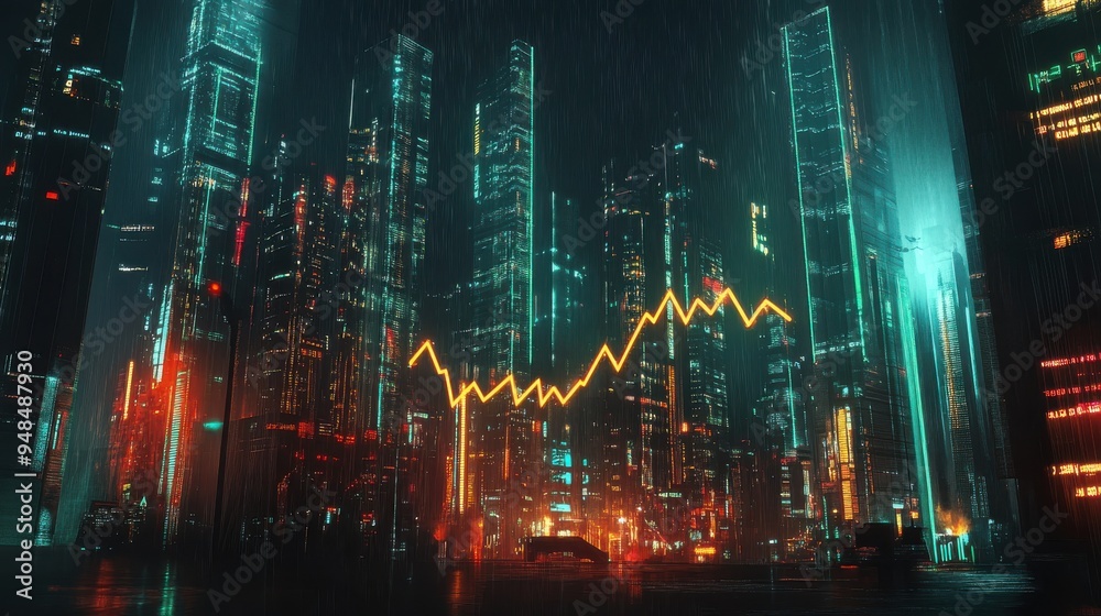 Futuristic urban skyline illuminated at night with a rising graph overlay, symbolizing growth and technology in a neon-lit city. Futuristic urban skyline illuminated at night with a rising graph overlay, symbolizing growth and technology in a neon-lit city.
