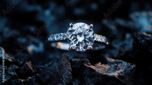 Jewelry ring with a large diamond set against a dark coal and black sand background. 