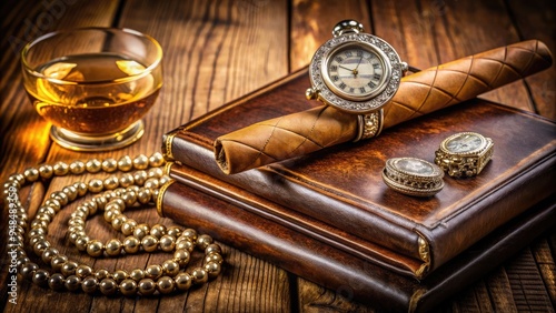 Luxurious cigar surrounded by iconic symbols of wealth and sophistication, including a pocket watch, diamonds, and a leather-bound book on a rich wooden background. photo