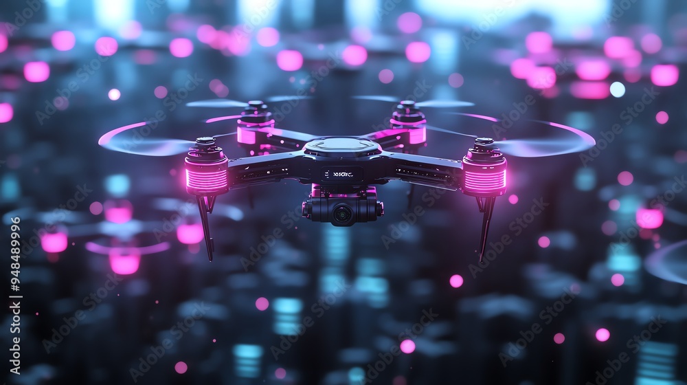 A futuristic quadcopter drone flying over a neon-lit cityscape, representing advanced technology and innovation in aerial exploration. A futuristic quadcopter drone flying over a neon-lit cityscape, representing advanced technology and innovation in aerial exploration.