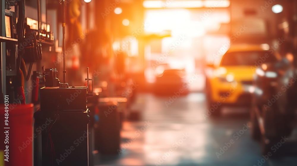 A car repair station is depicted with a soft-focus effect and overexposed light in the background, creating a warm and inviting atmosphere. The scene captures the essence of a busy automotive workshop A car repair station is depicted with a soft-focus effect and overexposed light in the background, creating a warm and inviting atmosphere. The scene captures the essence of a busy automotive workshop