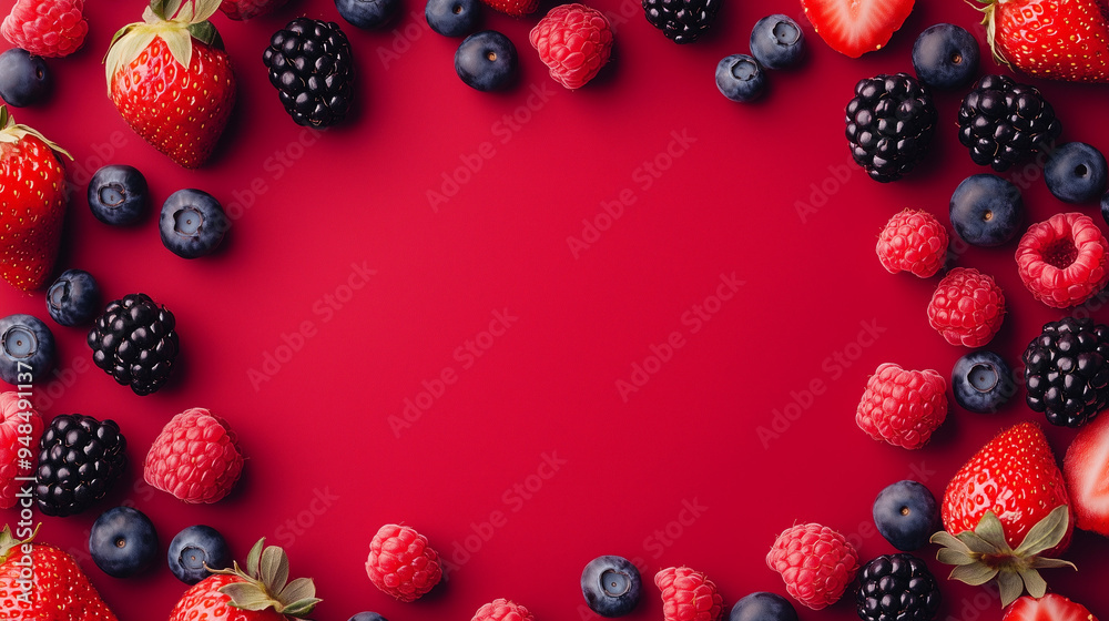 Assorted Fresh Berries Arranged on a Red Background Assorted Fresh Berries Arranged on a Red Background