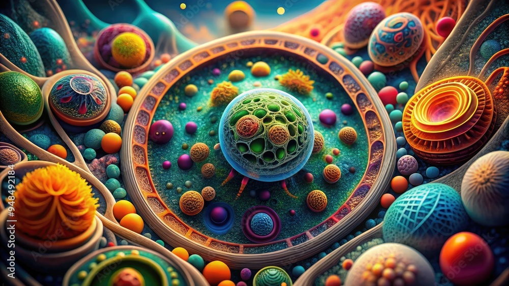 Magnified illustration of cellular structure, showcasing intricate details of membranes, organelles, and mitochondria in a stylized, futuristic, and vibrant color scheme. Magnified illustration of cellular structure, showcasing intricate details of membranes, organelles, and mitochondria in a stylized, futuristic, and vibrant color scheme.