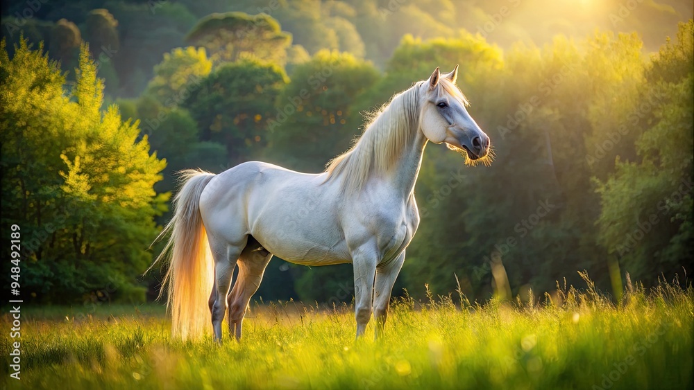 Magnificent white horse stands gracefully in a lush green meadow, its ...