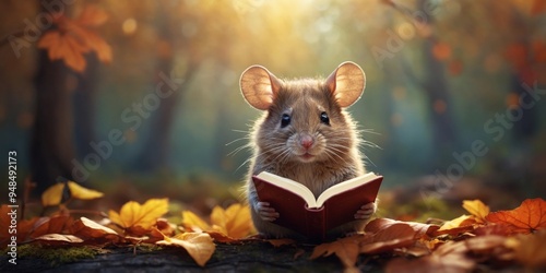 Cute Mouse Reading a Book in the Autumn Forest. photo