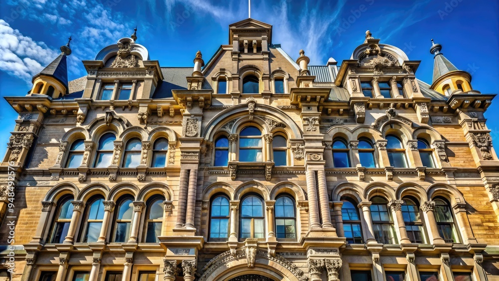 Fototapeta premium Majestic 19th-century historic building facade with ornate stonework, arched windows, and intricate carvings, set against a clear blue sky in a bustling urban landscape.