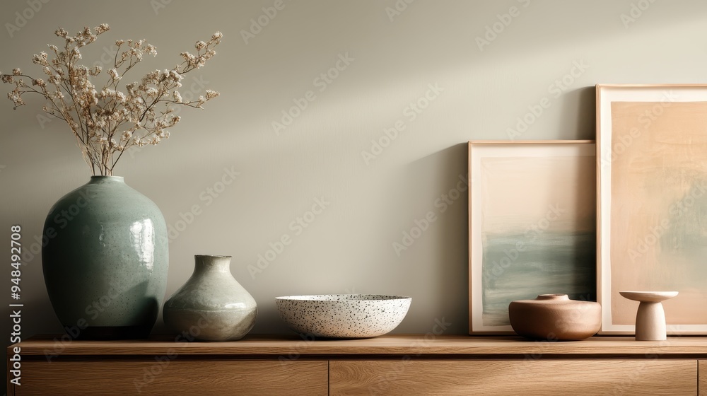 A neatly arranged modern minimalist decor setup featuring ceramic vases and framed artwork on a wooden surface, exuding a calm and peaceful atmosphere. A neatly arranged modern minimalist decor setup featuring ceramic vases and framed artwork on a wooden surface, exuding a calm and peaceful atmosphere.
