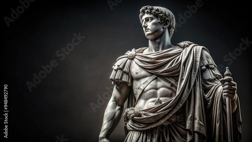 Majestic ancient Roman tribune statue standing proudly on a dark black background, emphasizing power and elegance in contrasting monochromatic hues.