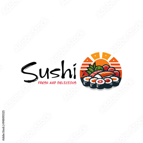 Sushi logo vector illustration template. Simple design of Japanese traditional food icon. Sticker emblem