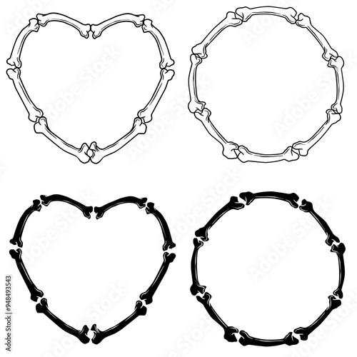 Round bone frame and heart in black and white vector illustration