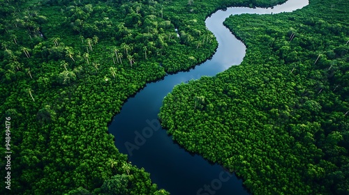 Aerial View of a Winding River Through Lush Green Mangrove Forest