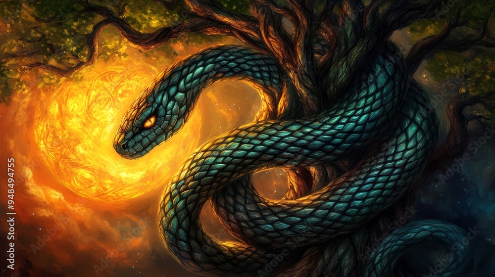 Painting of A mystical serpent entwined around a Yggdrasil tree, radiating an ethereal glow, symbolizing nature's power and ancient wisdom. Painting of A mystical serpent entwined around a Yggdrasil tree, radiating an ethereal glow, symbolizing nature's power and ancient wisdom.