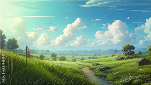 Digital art of a landscape with a field of grass and blue sky Background. Generative AI.