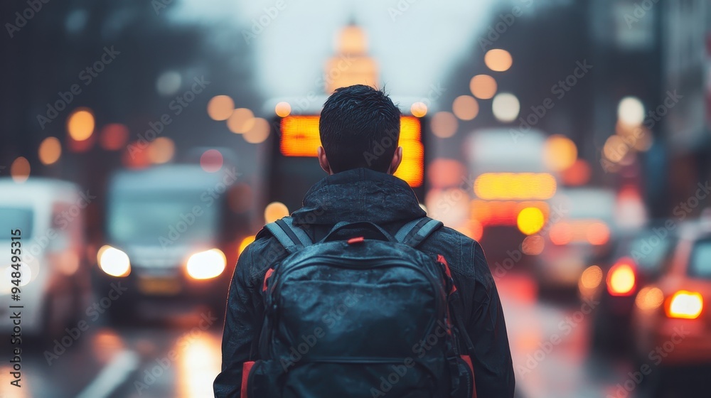 Back view of a person with a backpack standing in a rainy city street, surrounded by blurred lights from traffic, evoking a sense of solitude and urban exploration.
