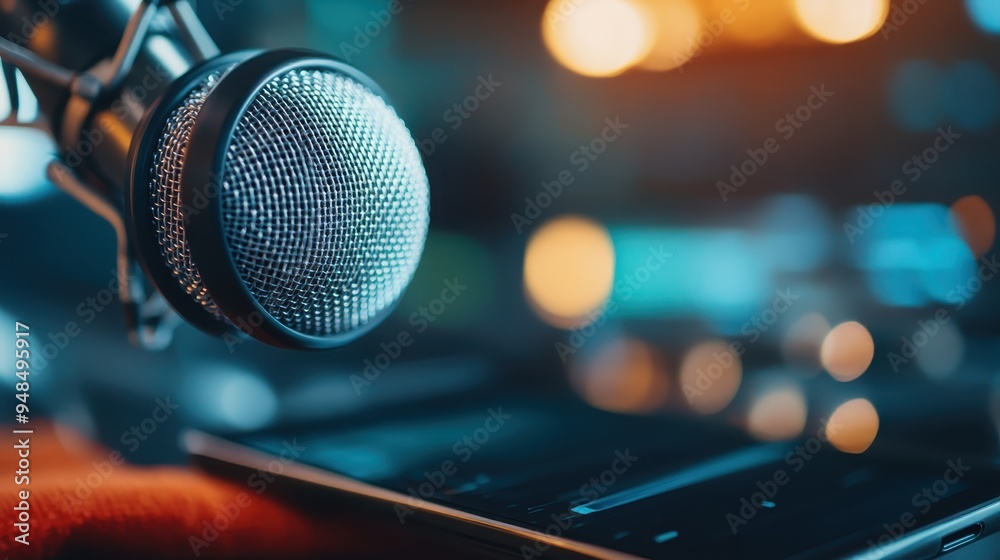 This image features a close-up of a dynamic microphone with a blurred background filled with ambient lighting, creating a warm and inviting atmosphere for audio recordings. This image features a close-up of a dynamic microphone with a blurred background filled with ambient lighting, creating a warm and inviting atmosphere for audio recordings.