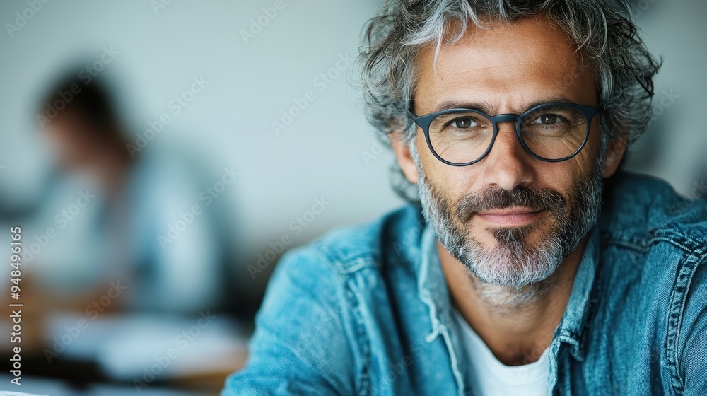 A confident man with glasses and salt-and-pepper hair wears a denim shirt, sitting in an office environment, exuding professionalism, wisdom, and approachability. A confident man with glasses and salt-and-pepper hair wears a denim shirt, sitting in an office environment, exuding professionalism, wisdom, and approachability.