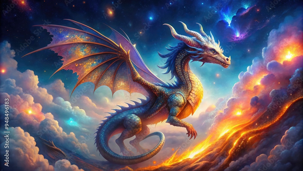 Majestic dragon with iridescent scales and fiery breath soars above whimsical, starry night sky, surrounded by swirling mist and shimmering magical aura. Majestic dragon with iridescent scales and fiery breath soars above whimsical, starry night sky, surrounded by swirling mist and shimmering magical aura.