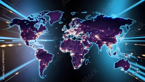 Cyber Technology Network, Western Europe Highlighted on Dynamic Digital World Map for AI Connectivity