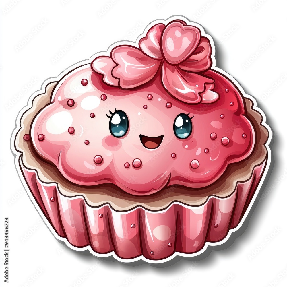 Cute Cartoon Cupcake with Pink Frosting and Bow Cute Cartoon Cupcake with Pink Frosting and Bow