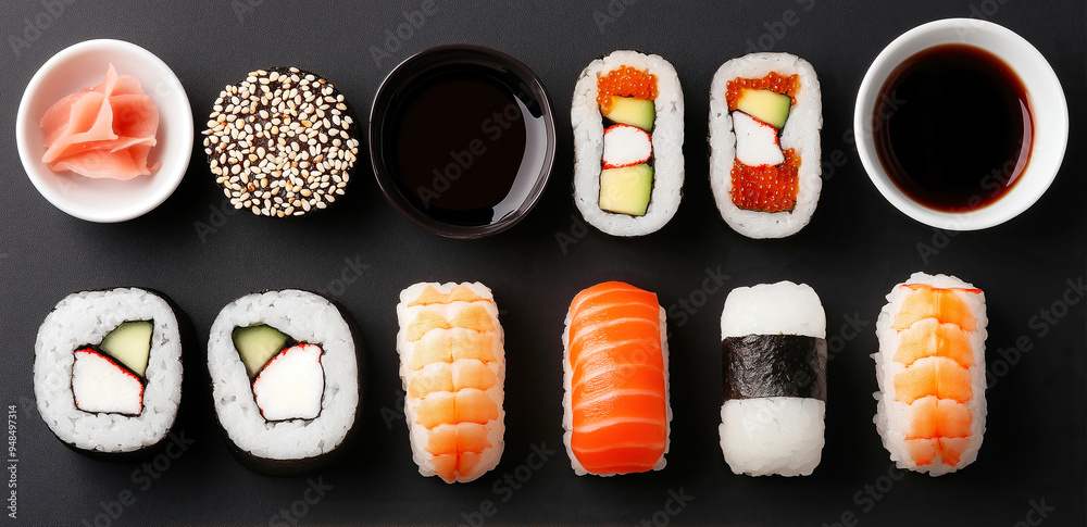 Typical Japanese set of sushi food with copy space. Set of sushi food with copy space Typical Japanese set of sushi food with copy space. Set of sushi food with copy space