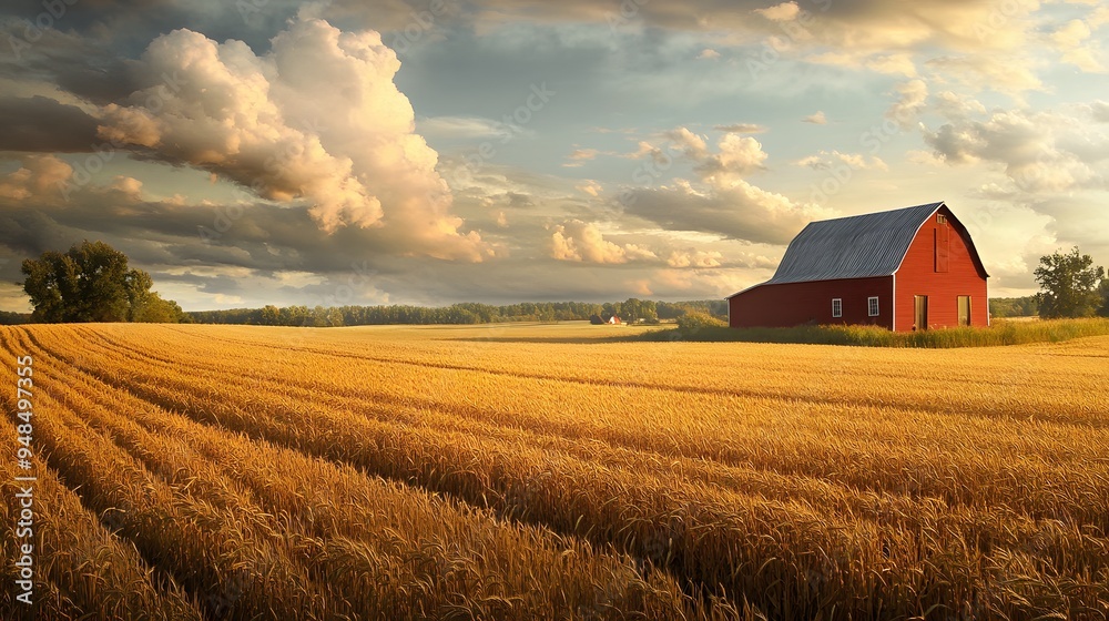 67. **A rural landscape with a large field of grain and a classic red barn. 67. **A rural landscape with a large field of grain and a classic red barn.