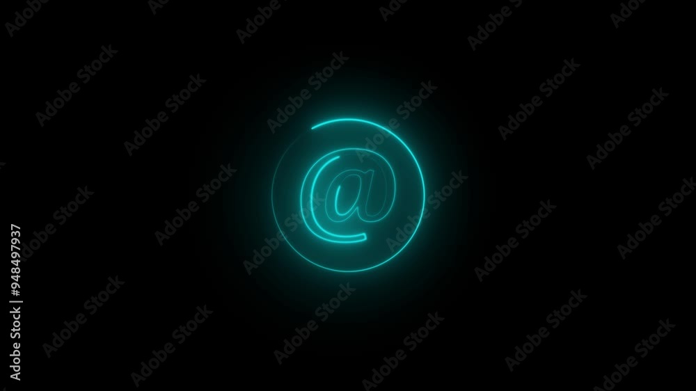 At-sign internet technology symbol with waves in black background.E-mail at neon symbol At-sign internet technology symbol with waves in black background.E-mail at neon symbol