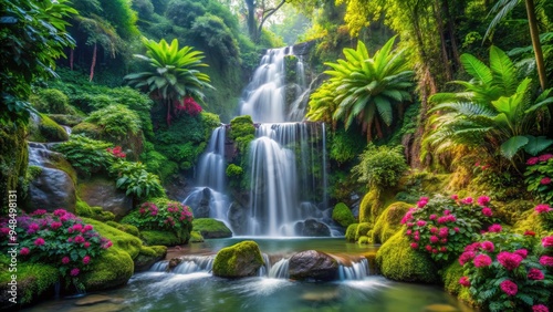 Majestic jungle waterfall cascades down moss-covered rocks, surrounded by lush green foliage, misty atmosphere, and vibrant tropical flowers in a serene natural setting.