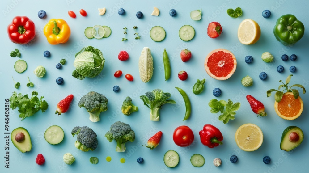 A colorful arrangement of fresh vegetables and fruits artfully displayed on a pastel blue background