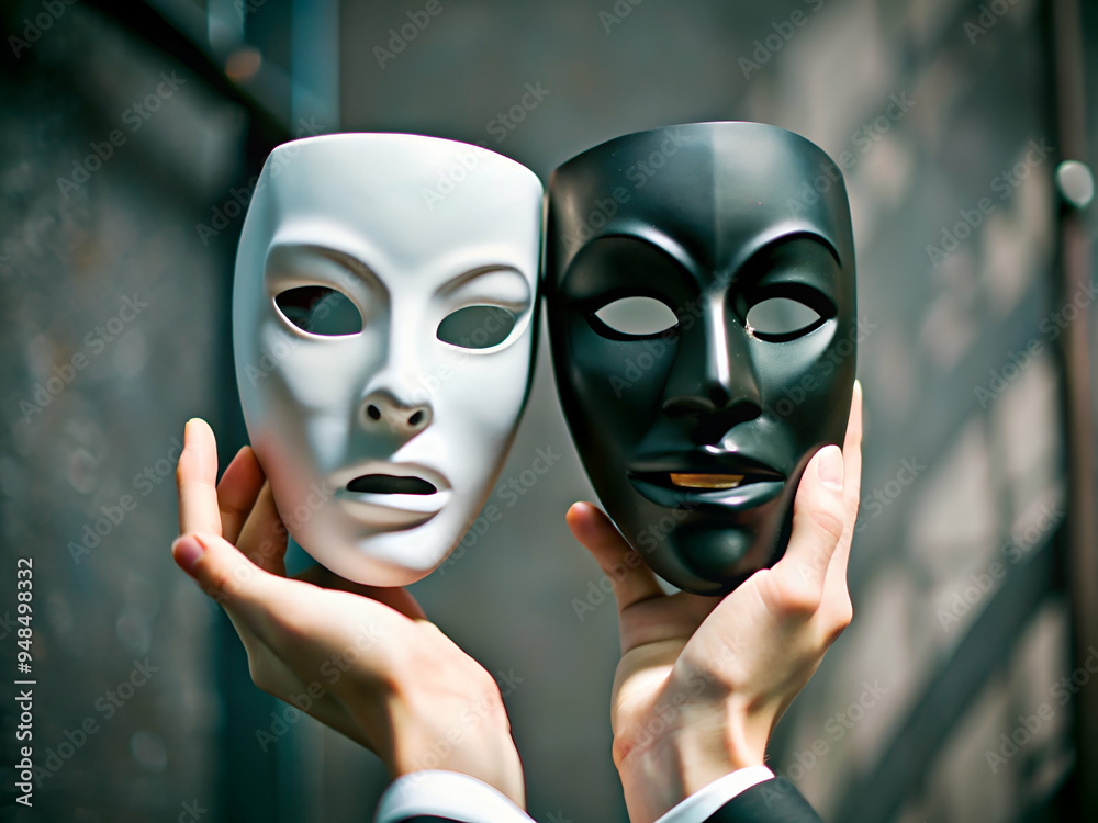 Hand holding theater black and white mask Hand holding theater black and white mask