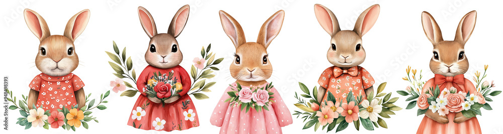 Obraz premium Set of watercolor Illustration cute bunnies wearing red and pink dresses, holding flowers and surrounded by floral elements cut out transparent isolated PNG