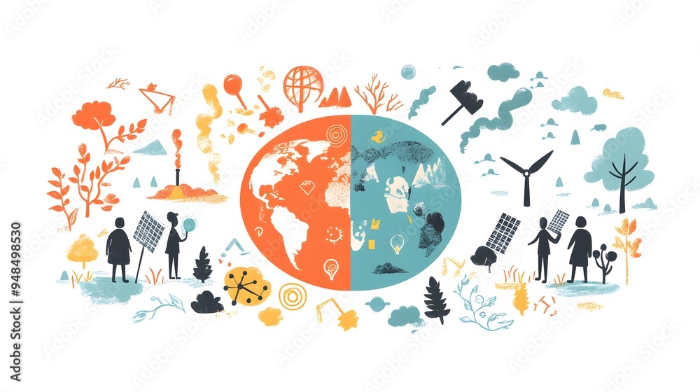 A simple illustration showing the earth with half green and warm, one side red hot, one side cold, people standing next to it holding hands , wind turbines, solar panels, trees, and plants on right A simple illustration showing the earth with half green and warm, one side red hot, one side cold, people standing next to it holding hands , wind turbines, solar panels, trees, and plants on right
