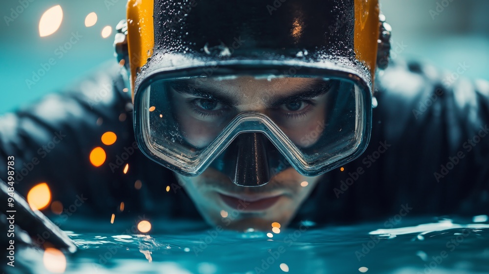 Close-up of focused underwater welder with sparks. Industrial diving, marine engineering, underwater welding, extreme occupations, safety gear, technical expertise concept. Close-up of focused underwater welder with sparks. Industrial diving, marine engineering, underwater welding, extreme occupations, safety gear, technical expertise concept.