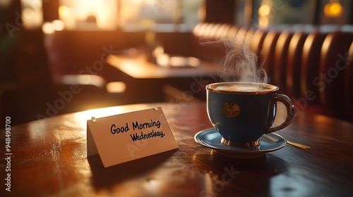 Handwritten Good Morning Wednesday Note on Desk with Coffee Mug photo