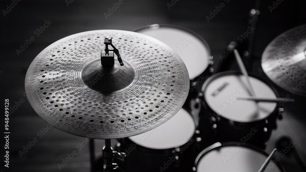 Obraz premium Close-Up of a Detailed Drum Cymbal with Blurred Kit Background