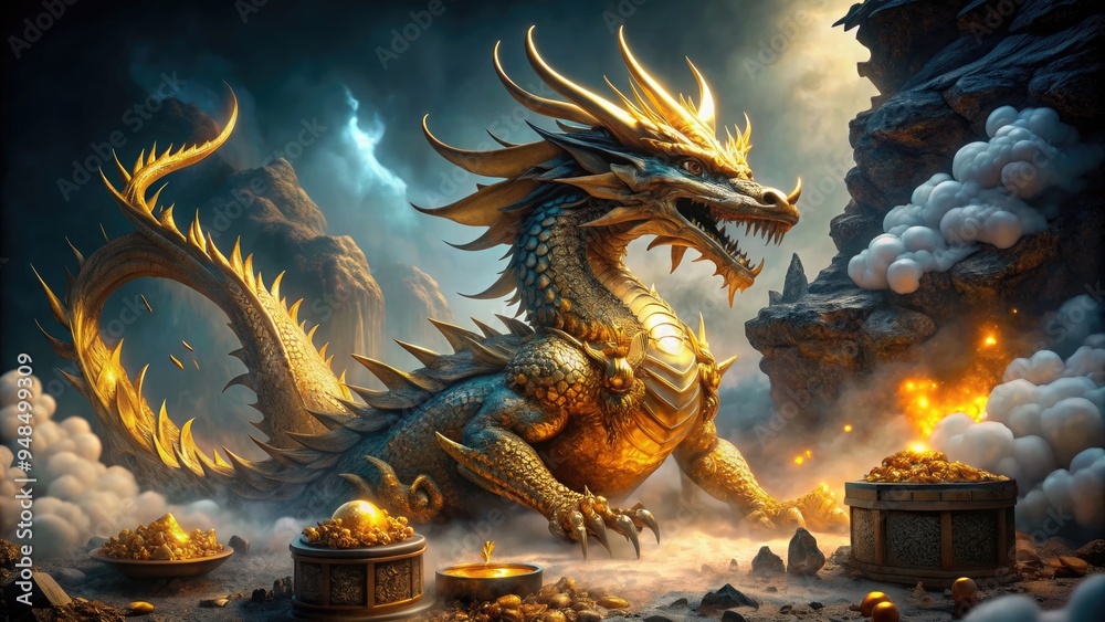 Majestic mythical dragon with scales shimmering in golden light, surrounded by ancient mystical artifacts and mysterious fog, evoking a sense of legendary power and wisdom. Majestic mythical dragon with scales shimmering in golden light, surrounded by ancient mystical artifacts and mysterious fog, evoking a sense of legendary power and wisdom.