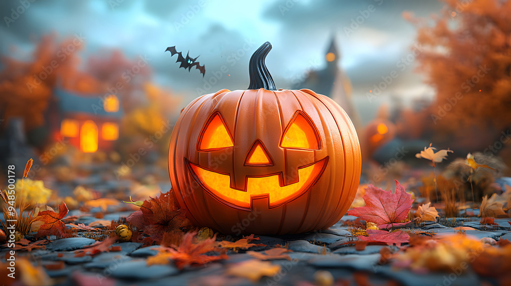 Pumpkin with Scary Smile: A 3D isometric view of a cartoon pumpkin with a scary smile, set in a fun and spooky Halloween landscape. Pumpkin with Scary Smile: A 3D isometric view of a cartoon pumpkin with a scary smile, set in a fun and spooky Halloween landscape.