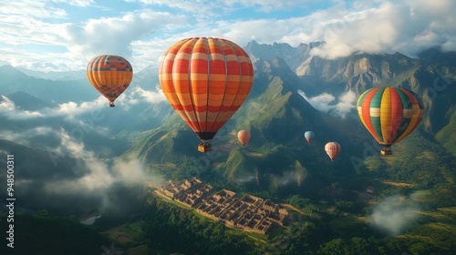 Hot air balloons above the ancient Incan city of Machu Picchu, high in the Andes Mountains..