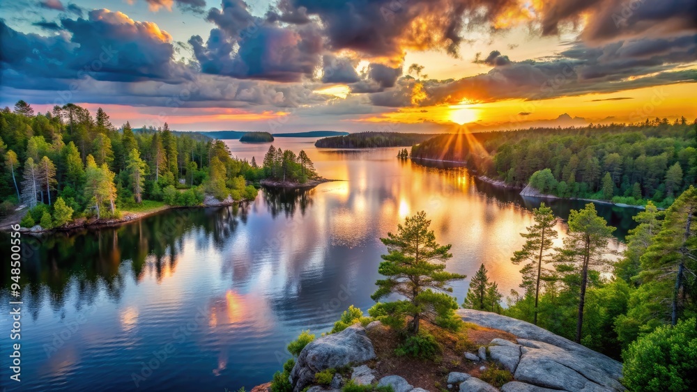 Naklejka premium Majestic sunset over tranquil lake waters surrounded by lush green forests and rugged shorelines in Voyageurs National Park, Minnesota.