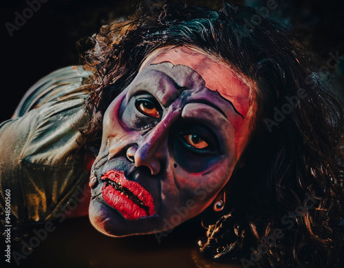 Adult woman with disgusted expression on the floor in a puddle of mud
